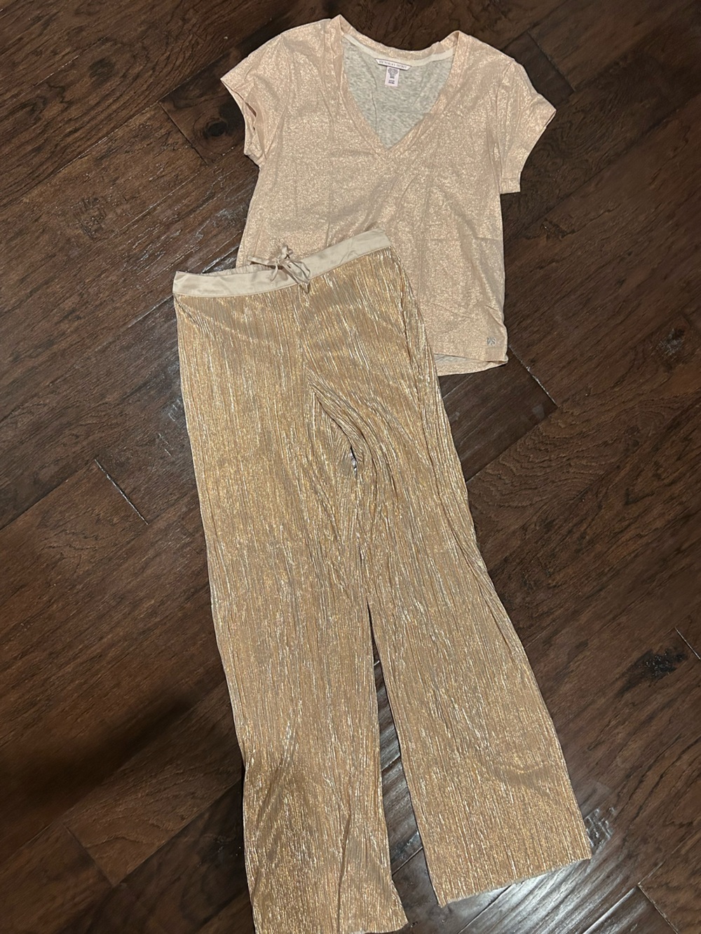 Victoria's Secret Metallic Pleated Wide-Leg Pants Set- Champagne NWOT Small